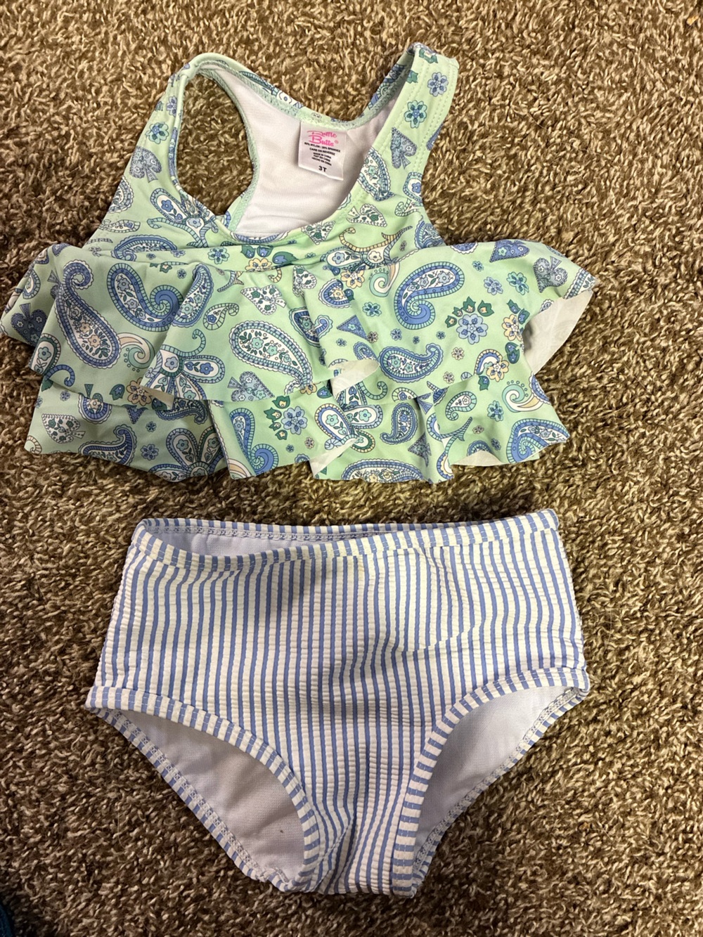 Ruffle Butts Mint Paisley Ruffle Swim Bottoms with Blue Stripes
